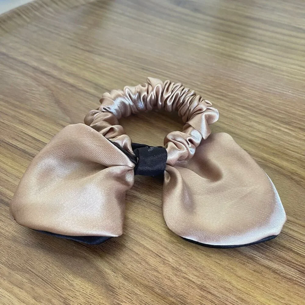 Satin bow scrunchie women and girls black with chocolate